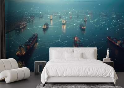 Aerial view of cargo ships navigating a complex network of global trade routes with digital lines connecting major ports, [cargo industry], [global trade network visualization] Wall mural